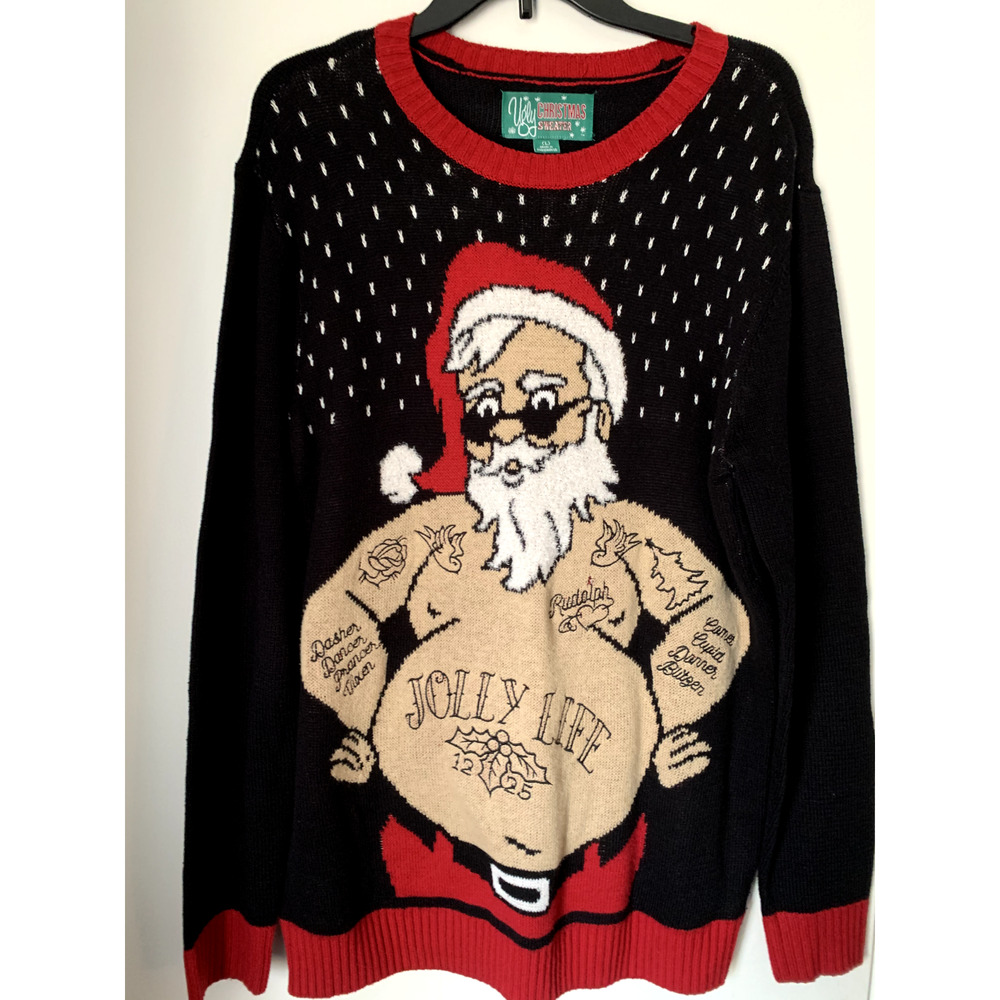 Ugly Christmas Sweater – “Tattooed Santa / Jolly Life” (Size Large)